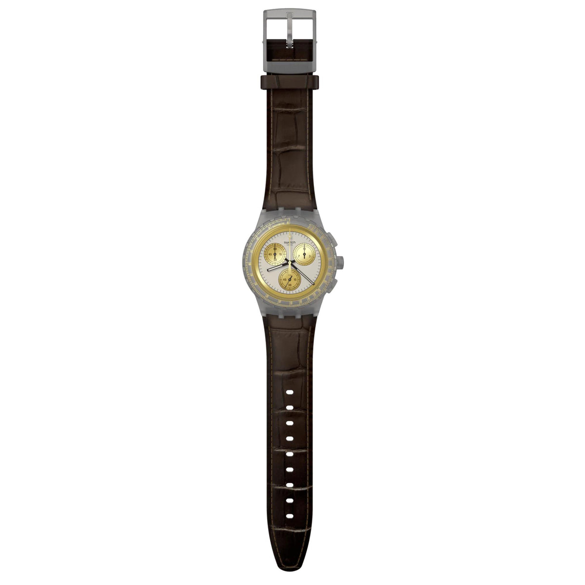 Men's quartz watch standing view with gold dial and brown leather strap