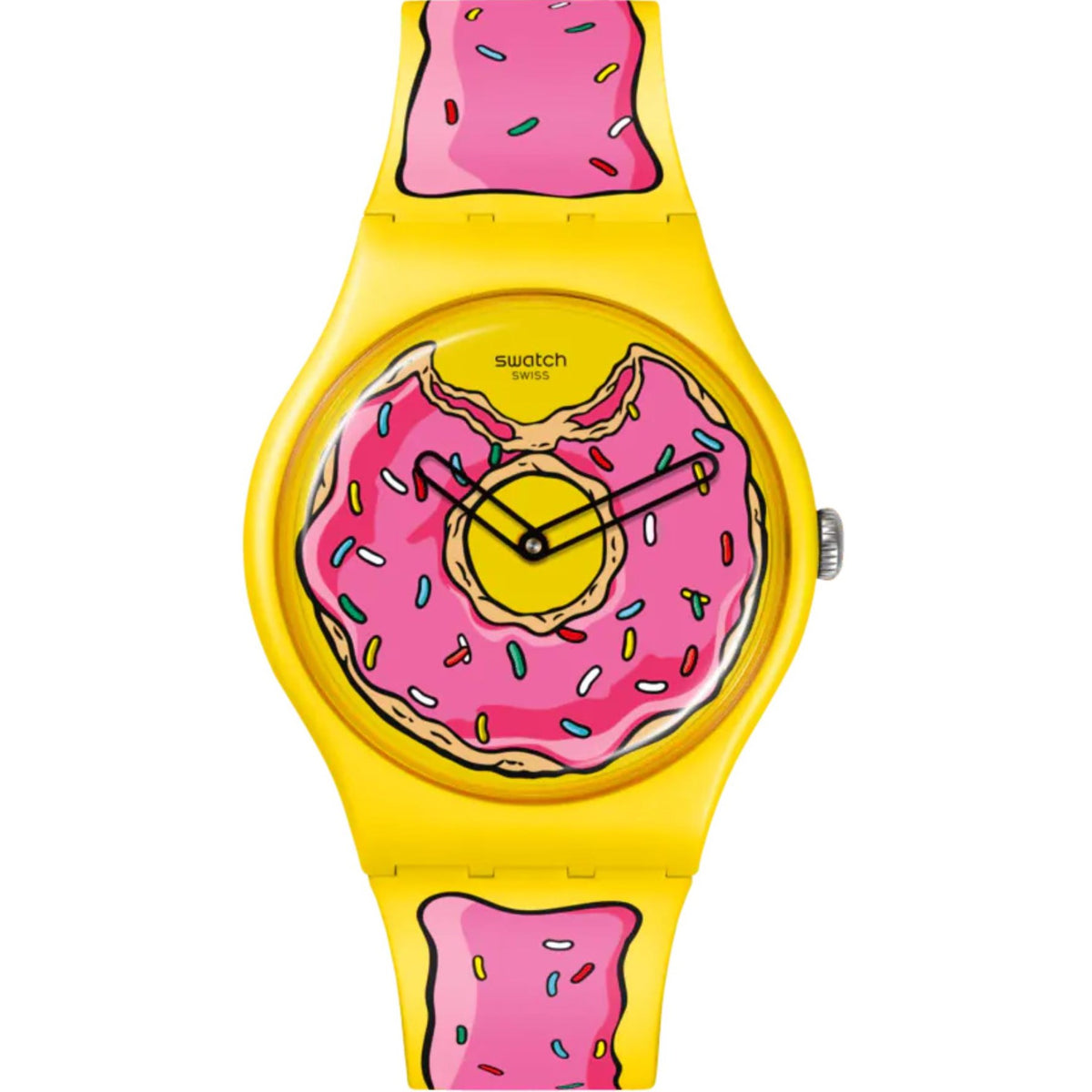 Yellow unisex silicone strap watch with pink donut graphic dial and black hands