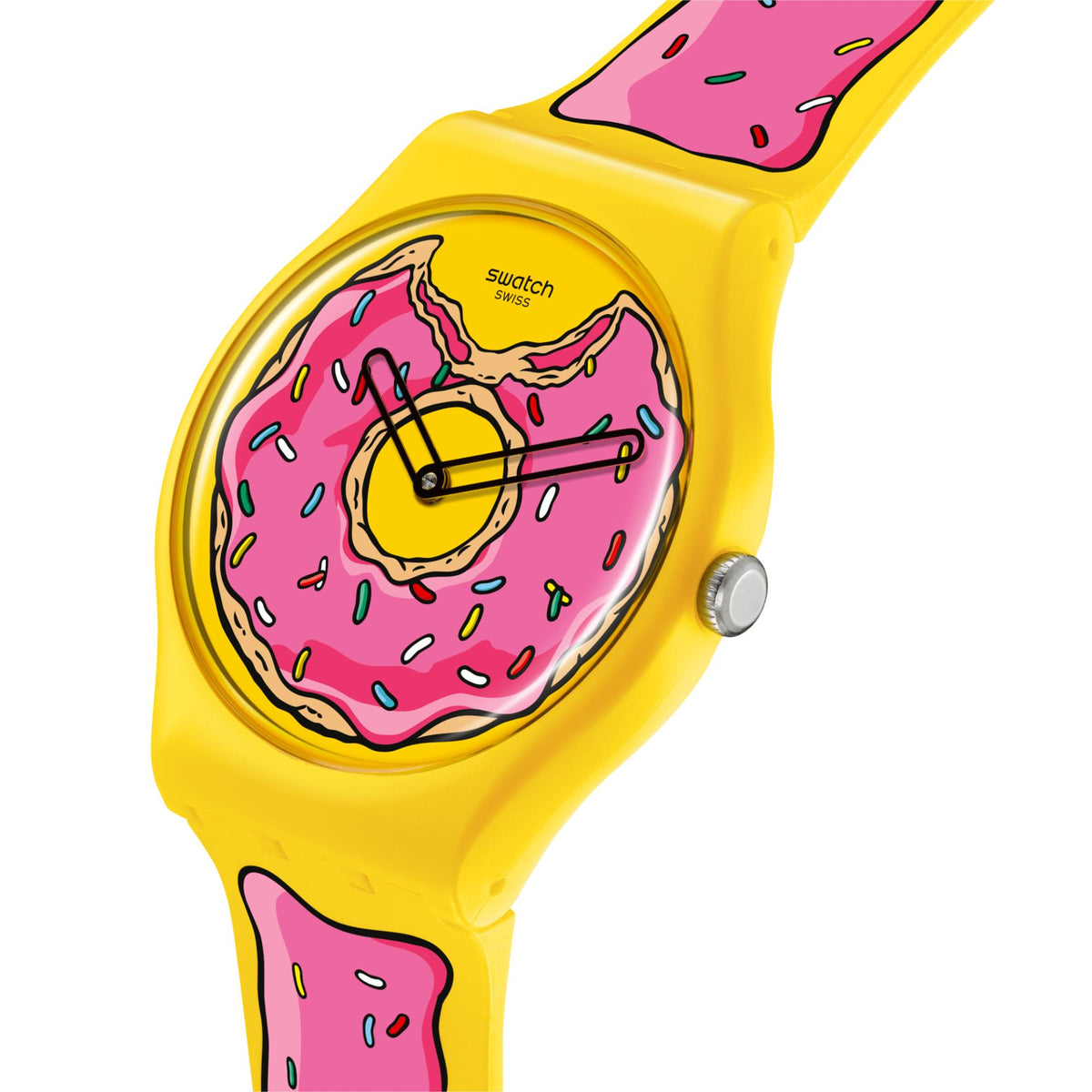 Yellow silicone strap watch with pink donut graphic dial, side crown and bezel