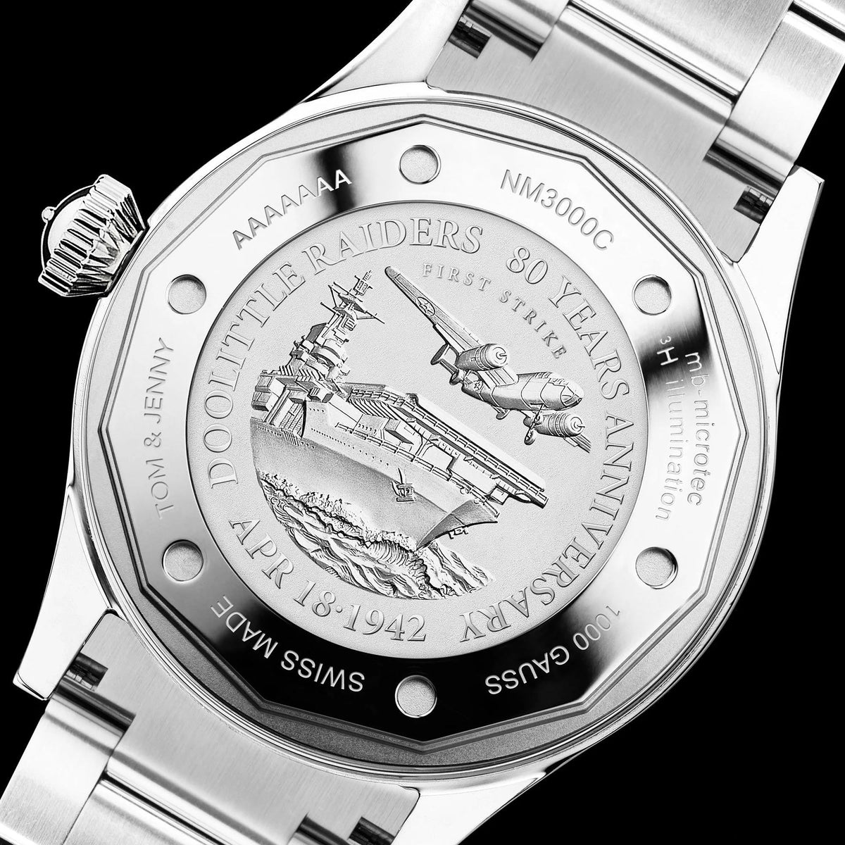 Stainless steel watch case back with aircraft engraving and text around the rim
