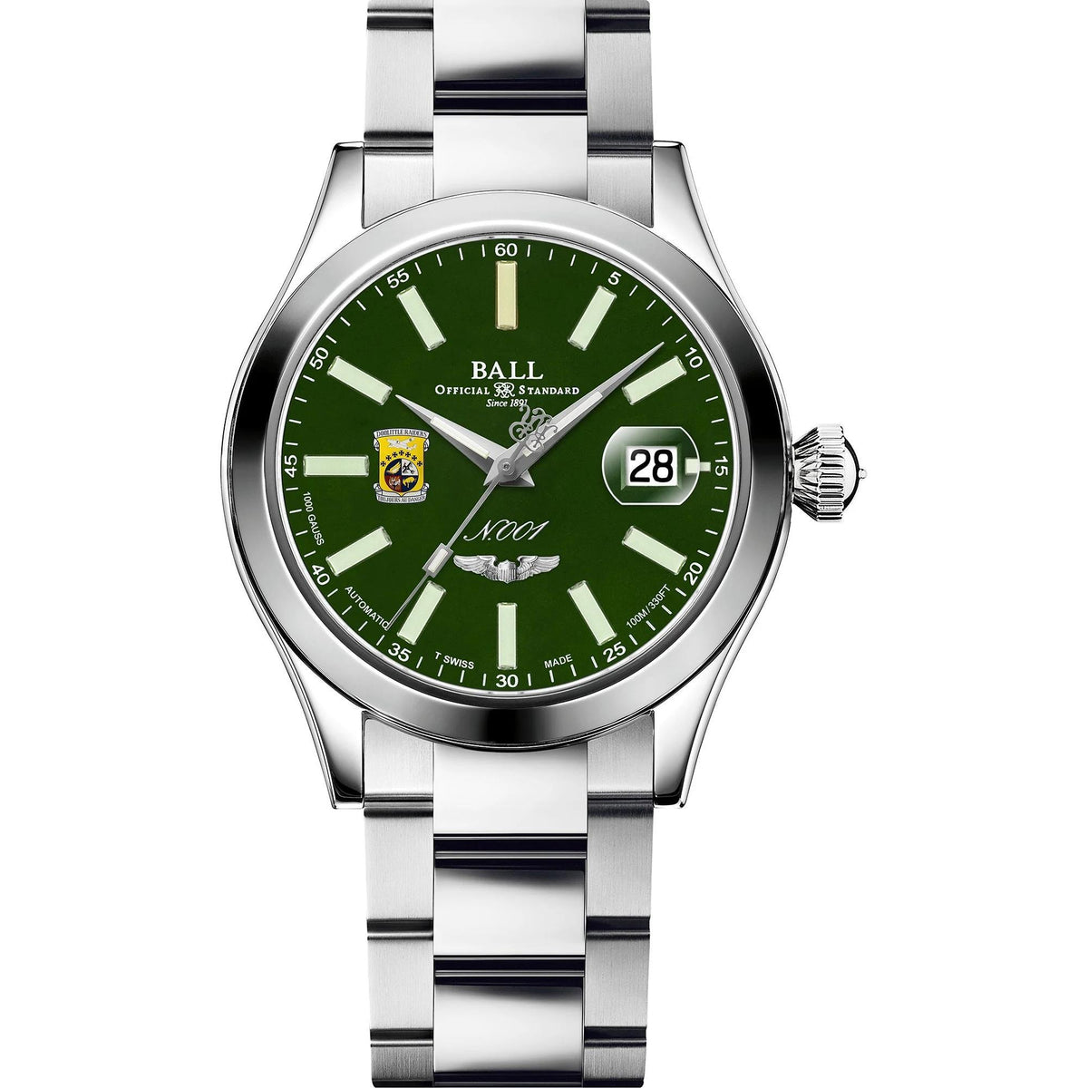 Men’s stainless steel automatic watch with green dial and bracelet, date window at 28