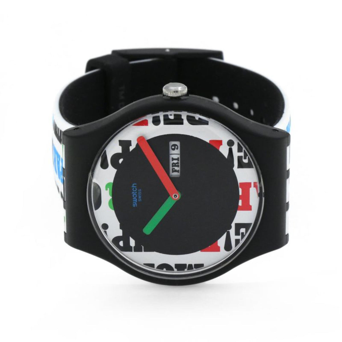 Unisex black watch with round dial and red/green accents on black NATO strap