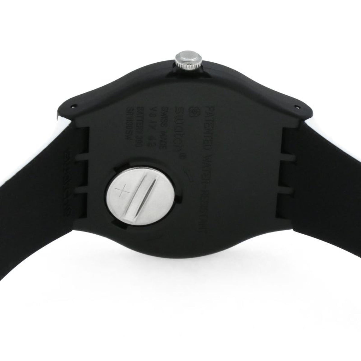 Unisex black watch case back with metal crown and strap attachment lugs