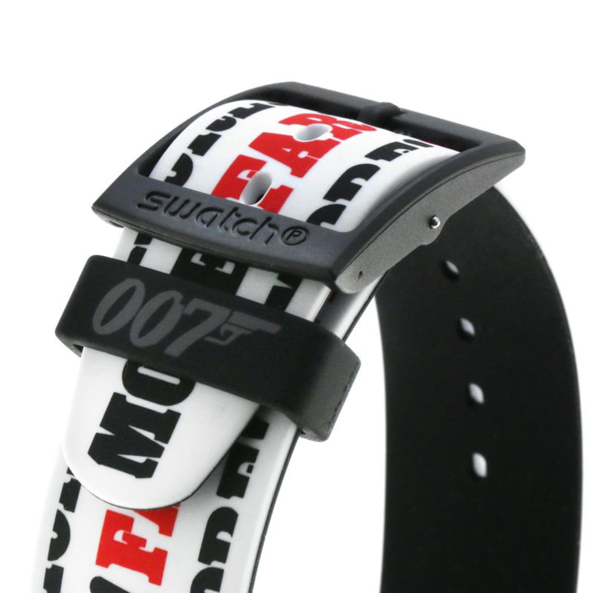 Unisex NATO watch strap with Swatch and 007 graphics in white, red, and black