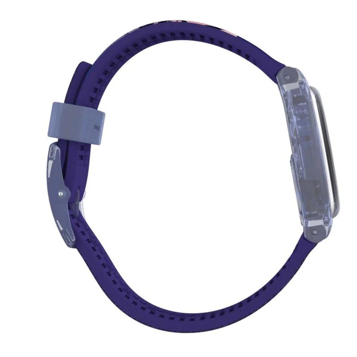 Blue silicone watch strap with clear end case and buckle, close-up view.