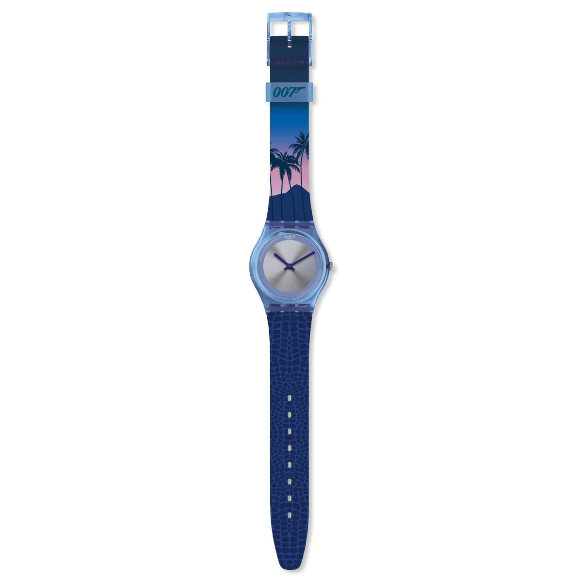 Unisex watch with dark blue silicone strap, transparent case, small crown.