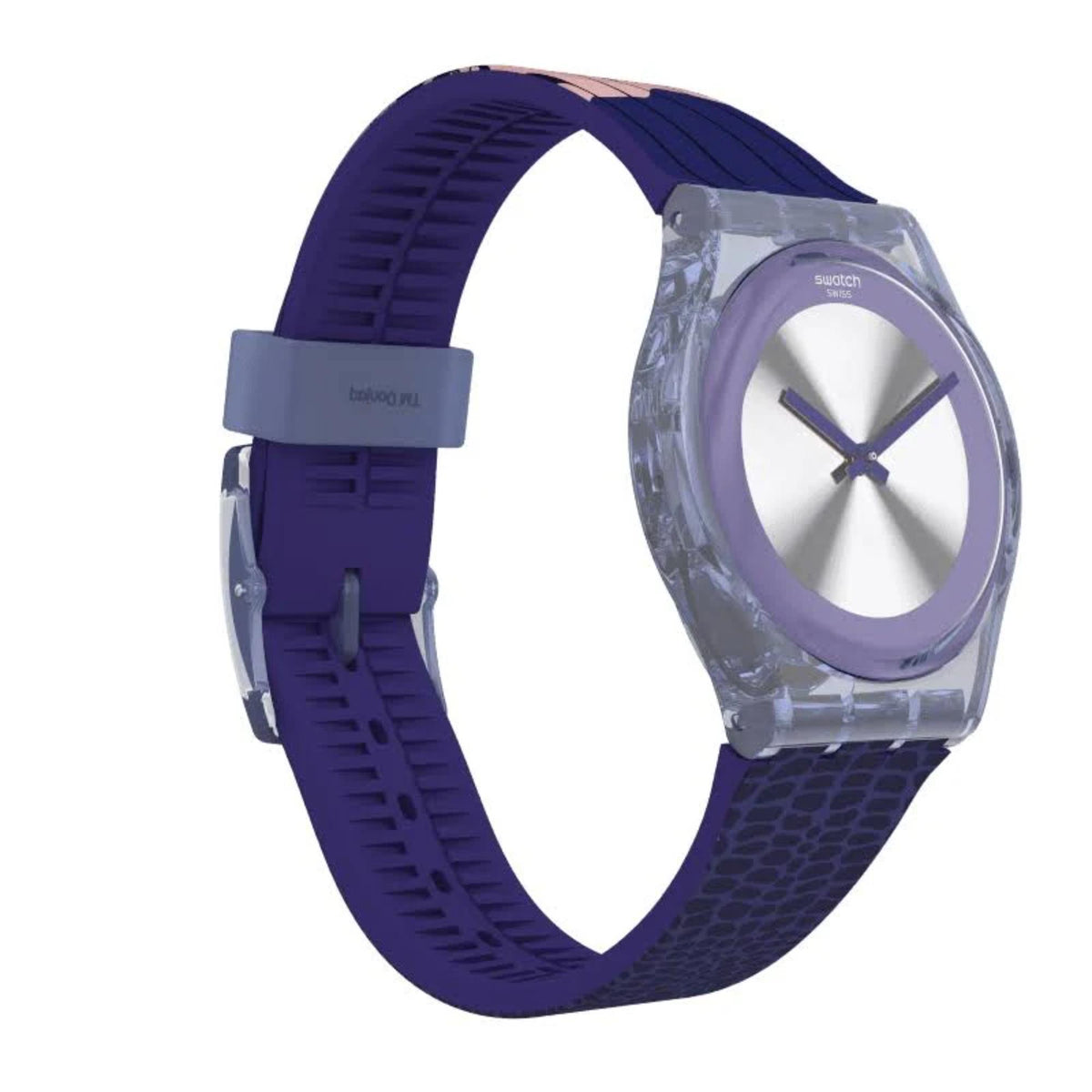 Unisex watch with violet-blue silicone strap and grey-toned bezel, angled view.