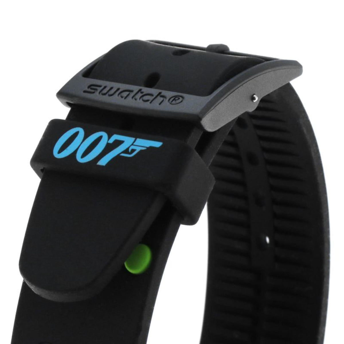 Swatch unisex black silicone strap watch, 007 logo and dark dial with green details
