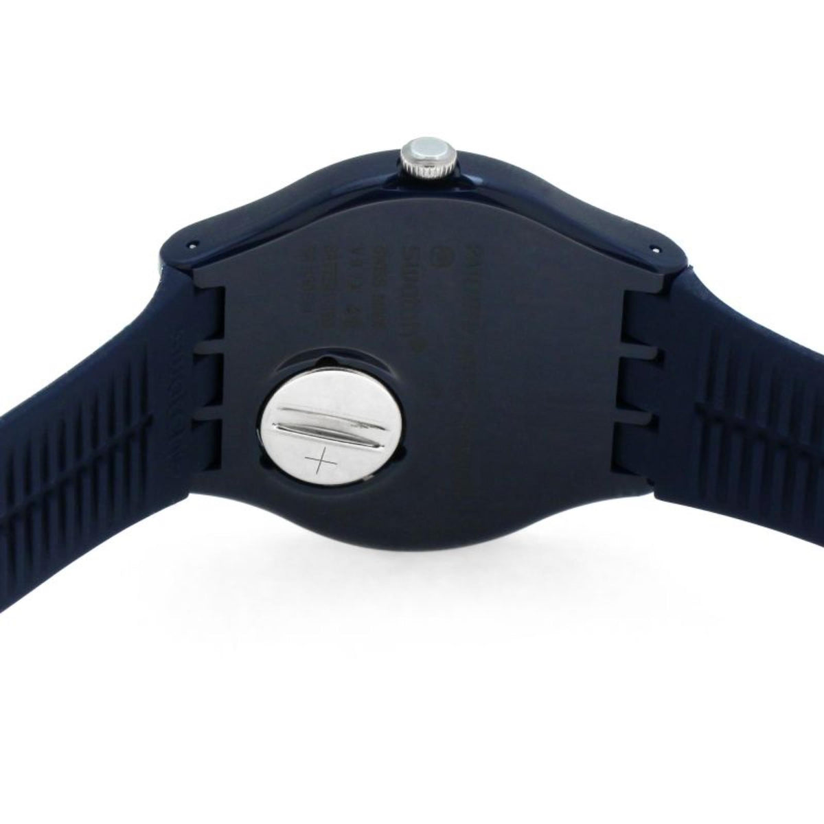 Navy silicone watch case underside with round silver emblem and metal pin detail.