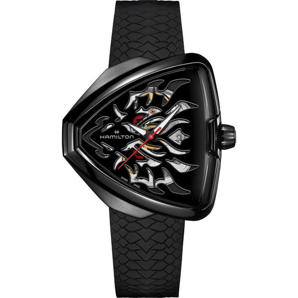 Black skeleton dial watch with black rubber strap, angular case, red second hand