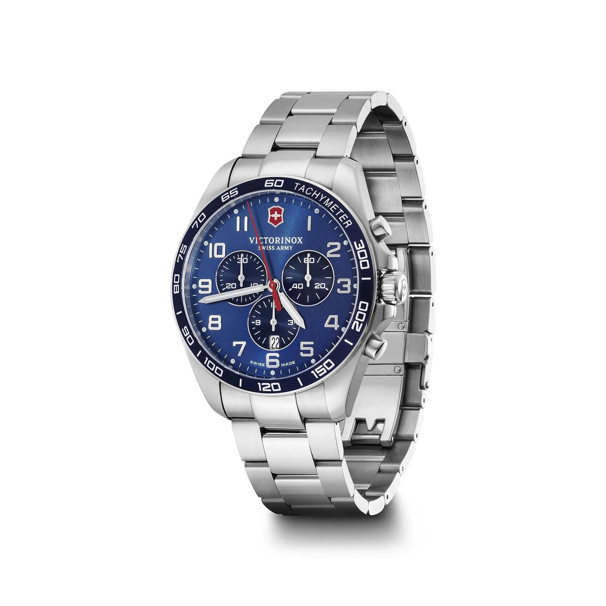 Men's stainless steel chronograph watch angled view with blue dial and red seconds hand