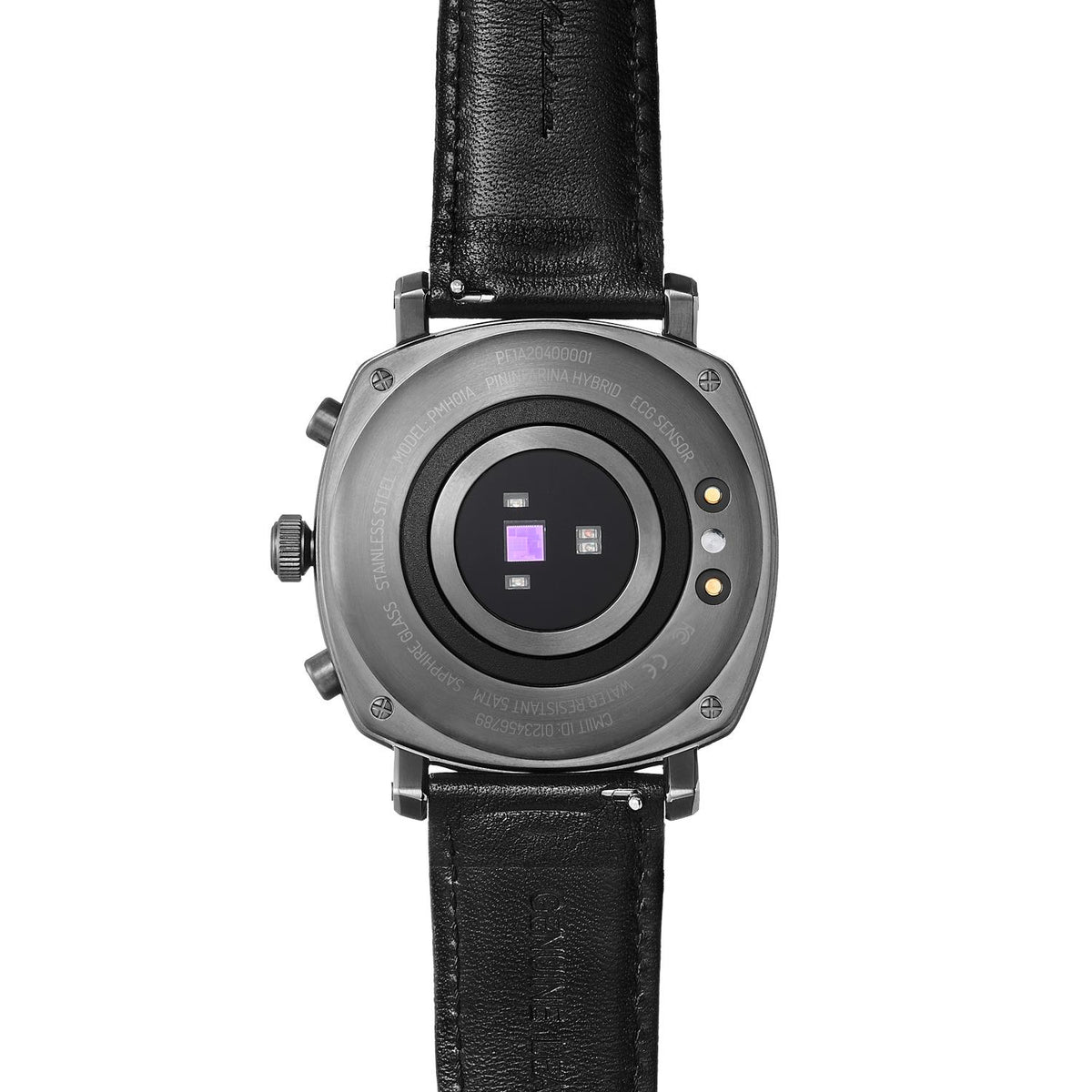 Hybrid smart watch with black slate dial and black leather strap, round steel case