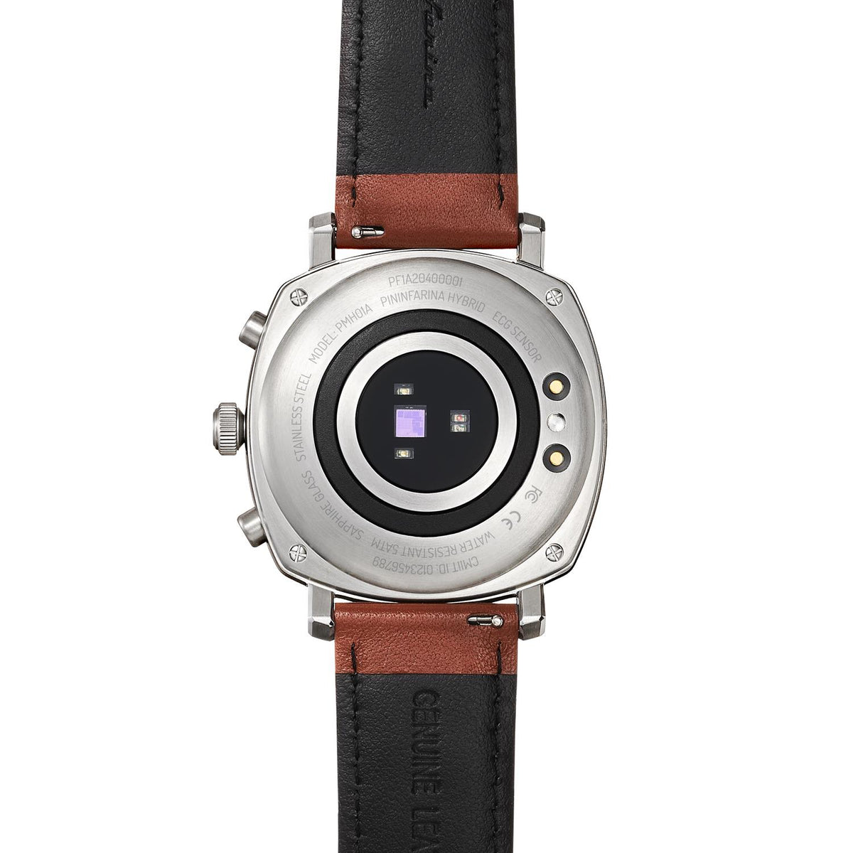 Pininfarina Senso Hybrid PMH01A-01 caseback showing heart rate ECG sensor and genuine leather strap detail