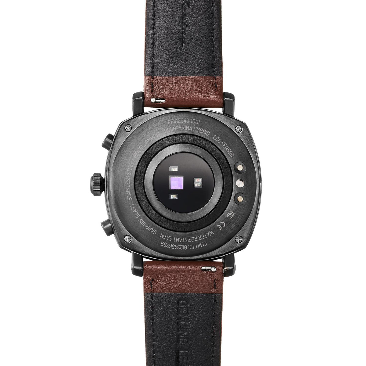 Hybrid watch rear view with dark leather strap and circular back display window