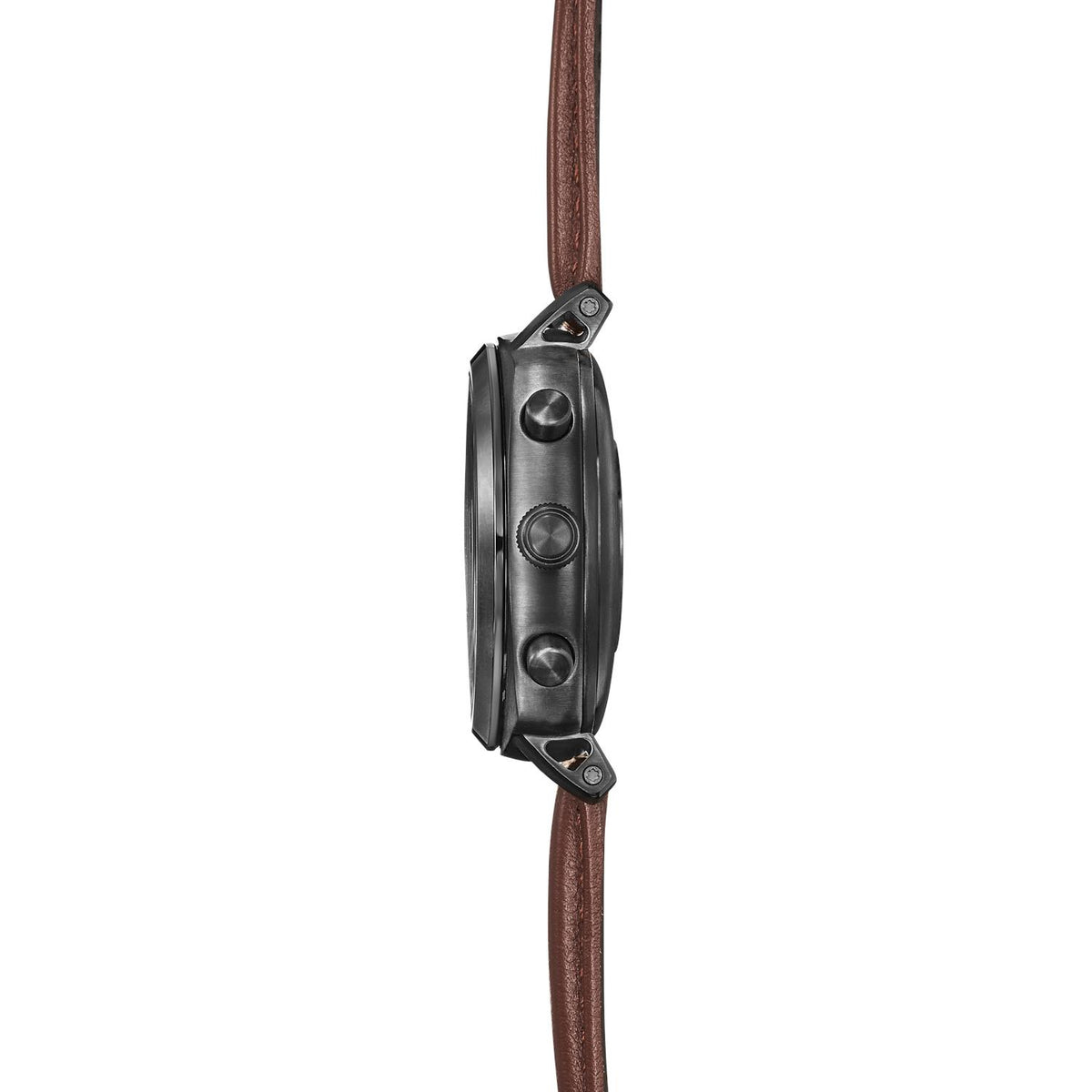 Leather strap hybrid watch side view with crown and textured black case