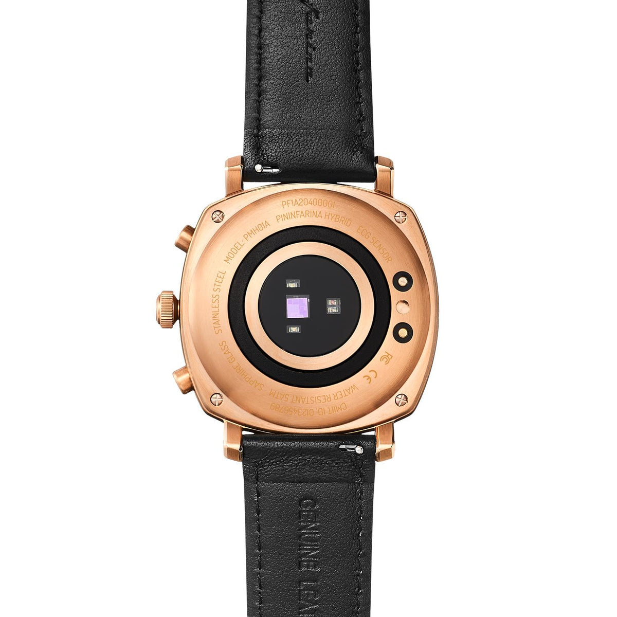 Rose gold-tone watch case back with circular window and black leather strap.