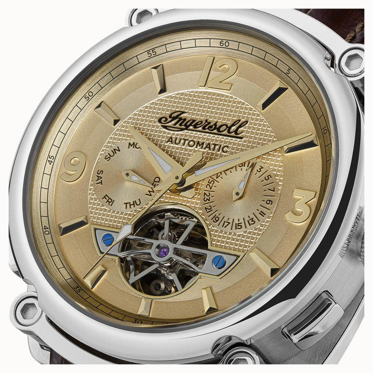 Ingersoll automatic chronograph watch close-up: champagne dial with metallic hands and indices