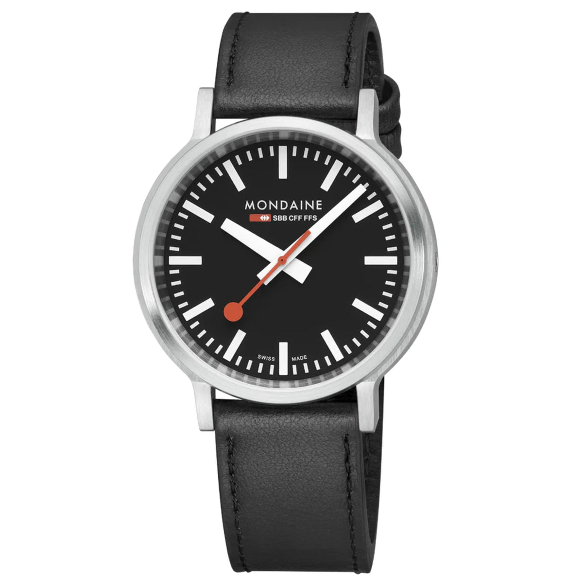 Mondaine stop2go 41mm quartz watch with black dial, black leather strap, silver case
