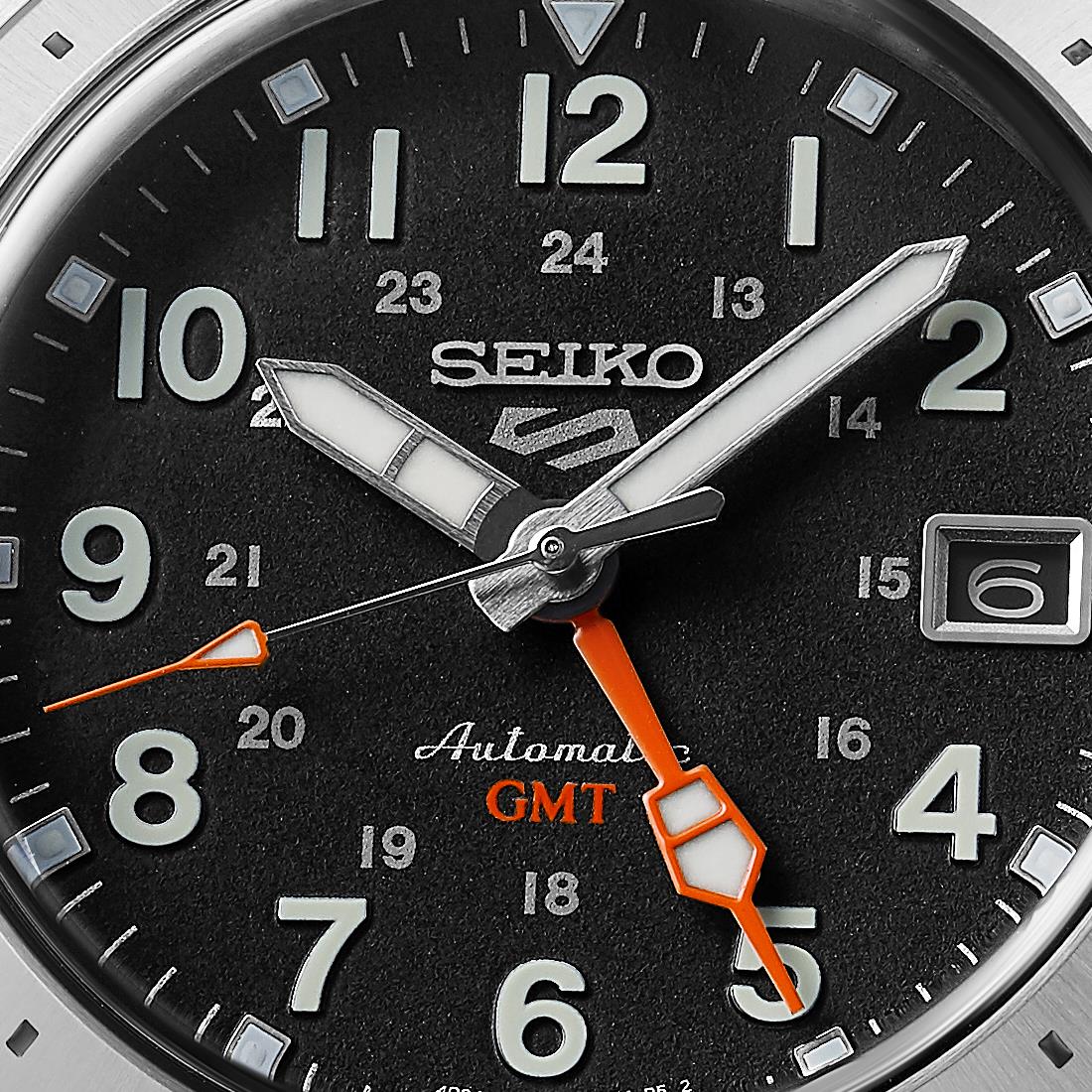 Seiko 5 Sports Field Deploy Mechanical GMT SSK023K1 automatic movement and orange GMT hand close up