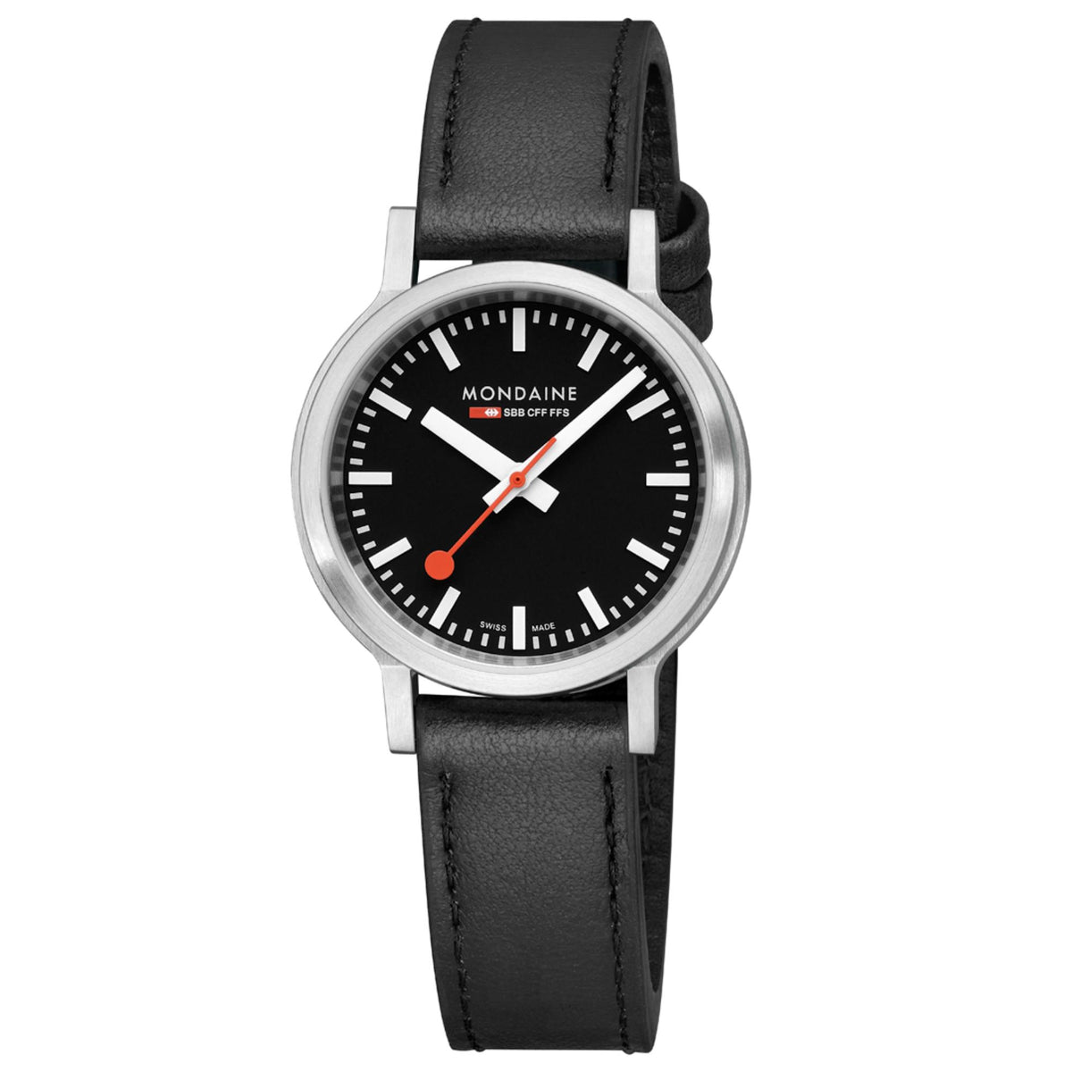 Black dial leather watch with stainless-steel case, silver bezel, orange seconds hand