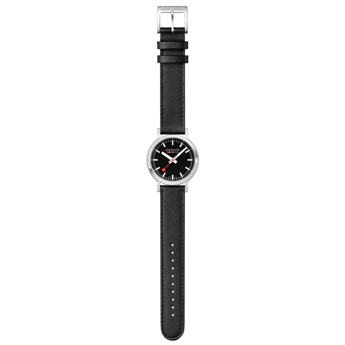 Black leather strap watch with stainless-steel buckle and black dial