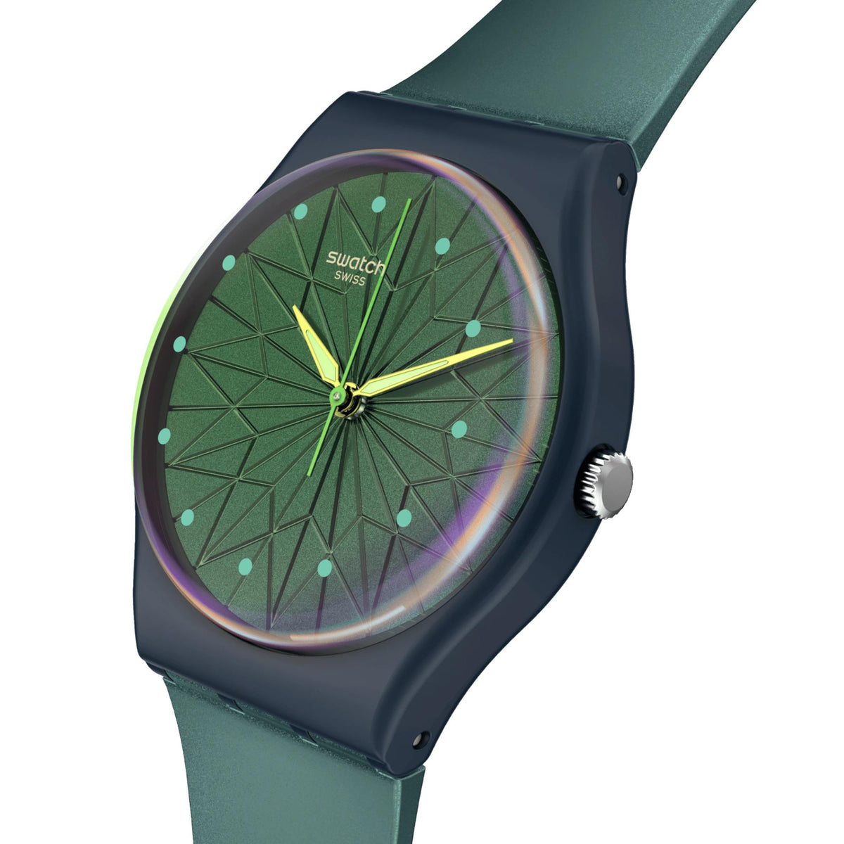Dark green silicone watch, blue dial close-up with purple border and yellow hands
