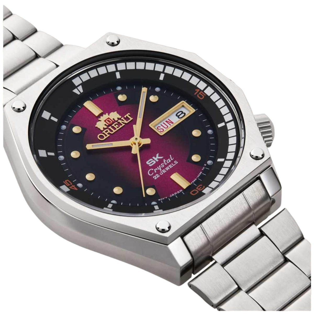 Men's steel automatic watch with maroon dial, gold markers, day-date display