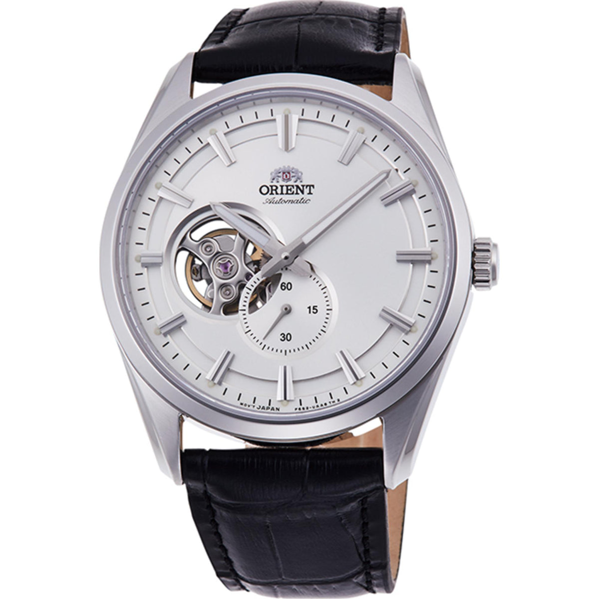 Men's semi-skeleton automatic watch, white dial and black leather strap