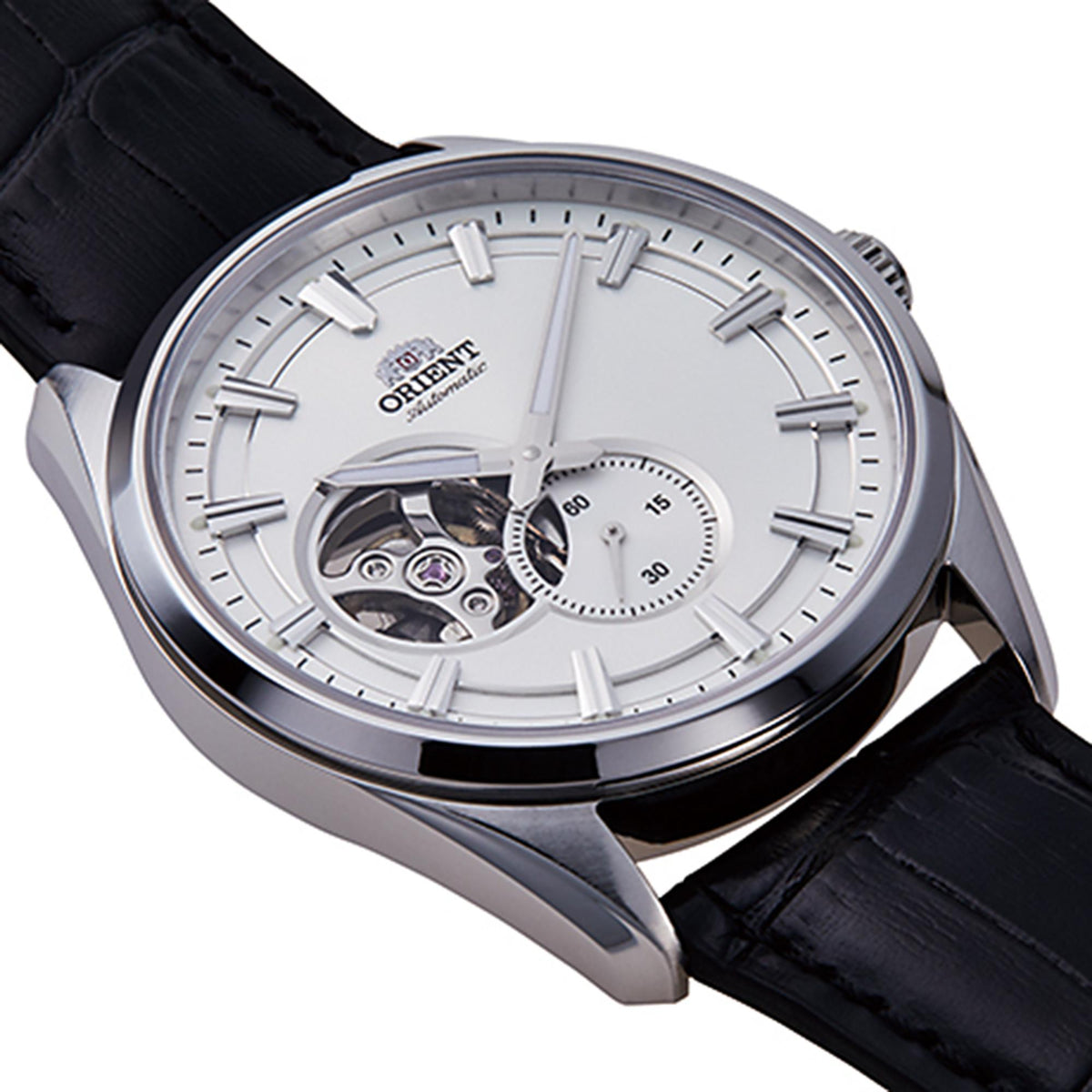 Men's semi-skeleton automatic watch, angled white dial with black leather strap