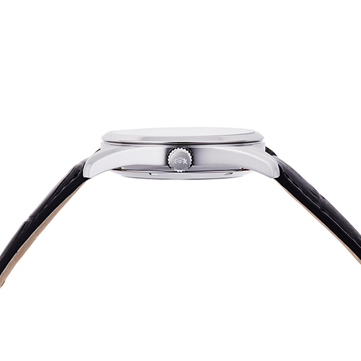 Men's automatic watch case with crown, black leather strap