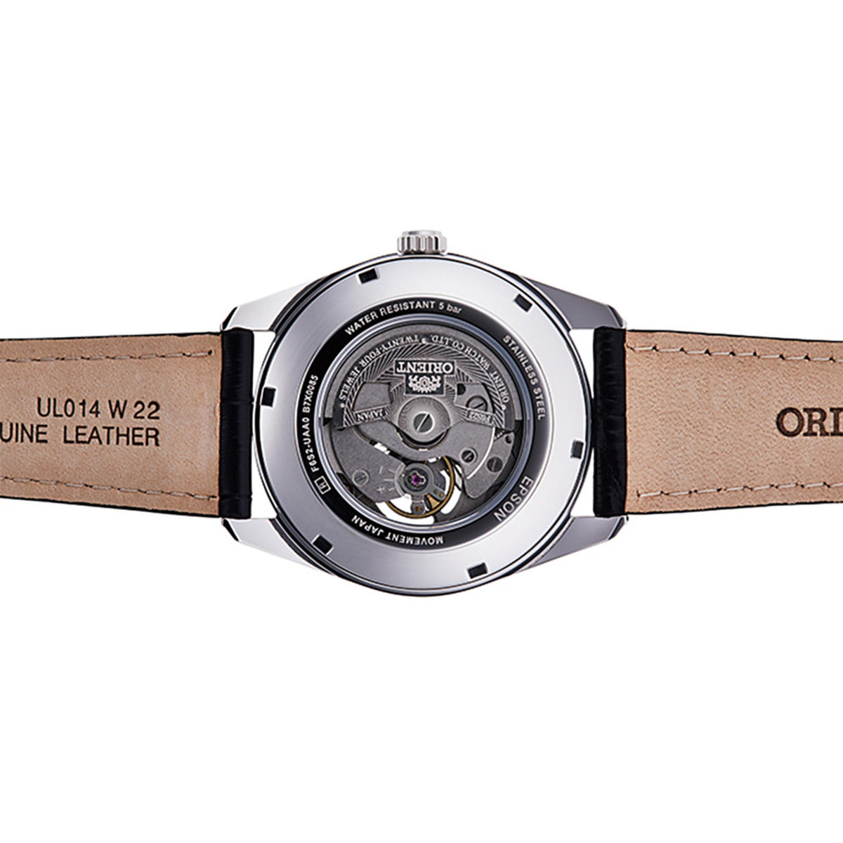 Men's watch caseback with black leather strap, metal back engraving