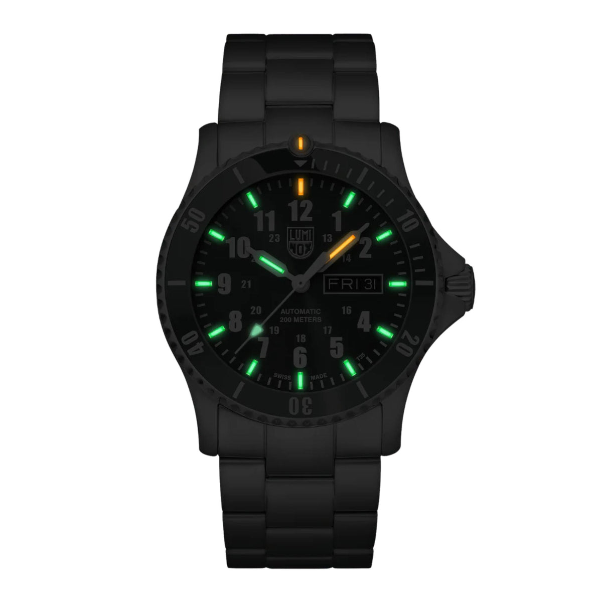 Luminox automatic sport timer men’s watch with dark dial, black bracelet, green lume