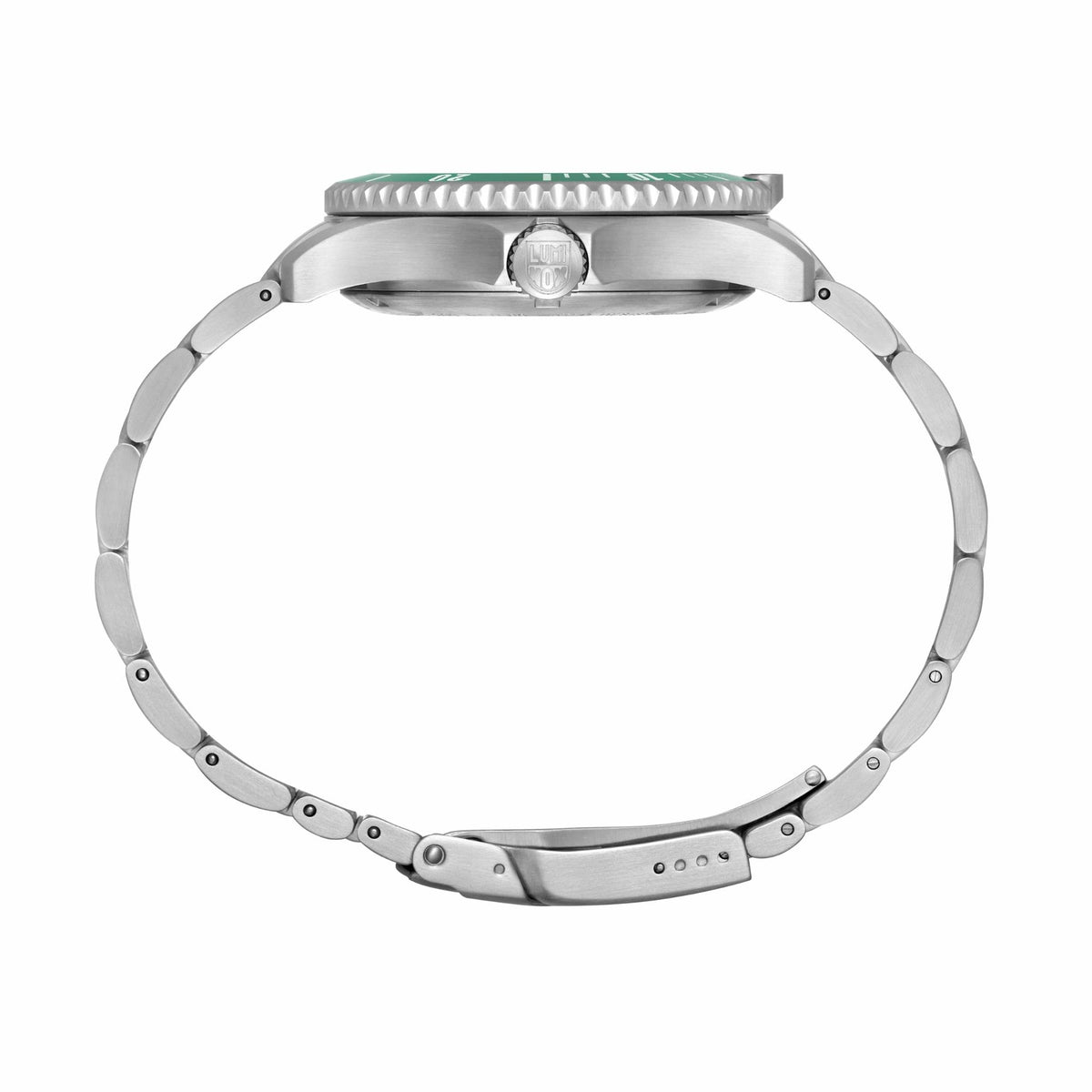 Luminox sport timer watch top view with bezel markings and crown on stainless case