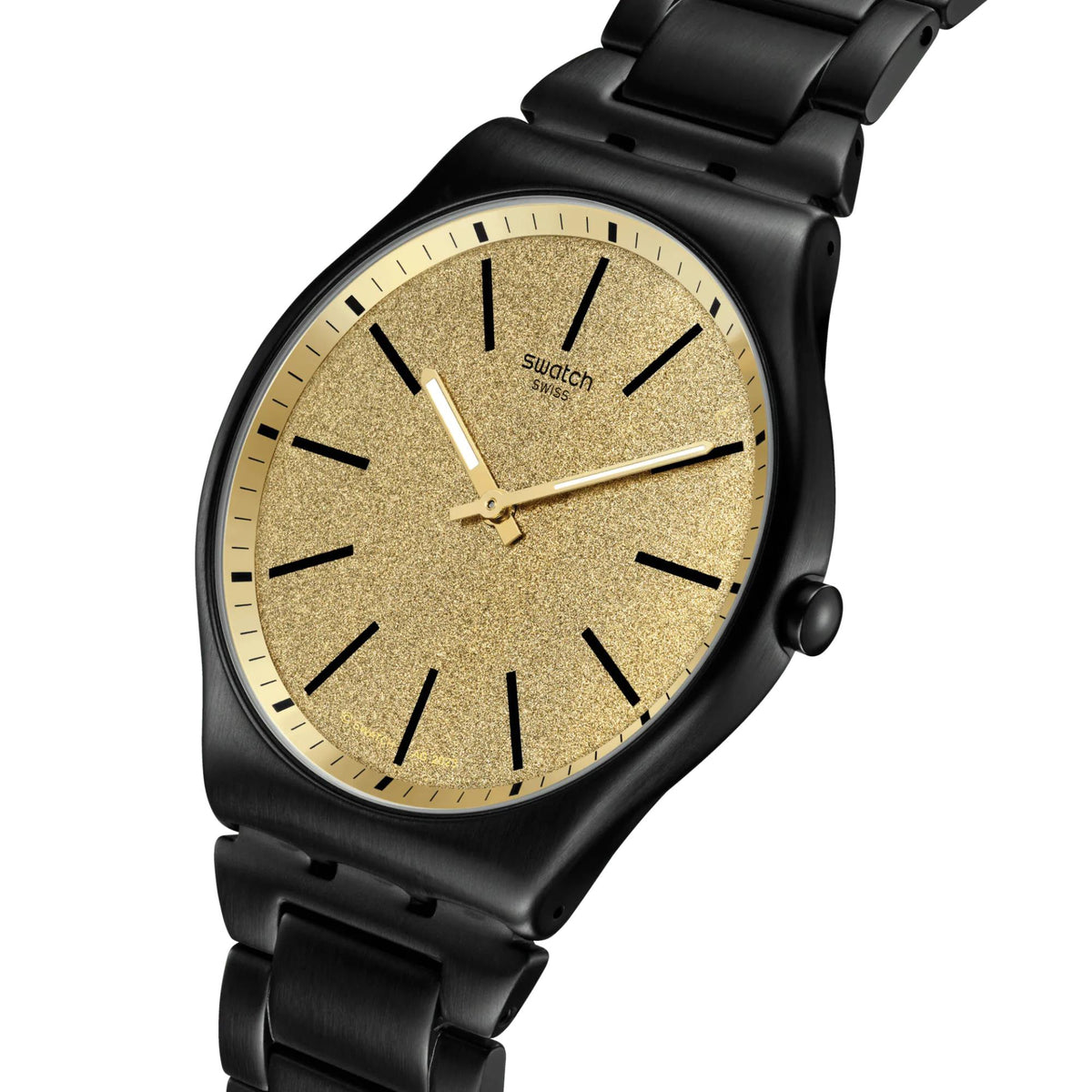 Quartz wristwatch with gold glitter dial, black hands, and black steel bracelet