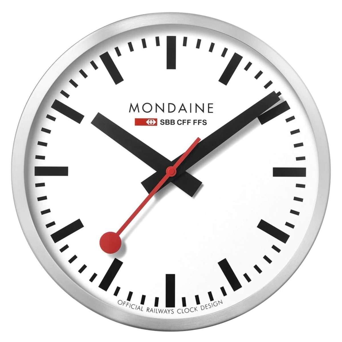 Front view of Mondaine wall clock A995.CLOCK.16SBB with white face and red second hand