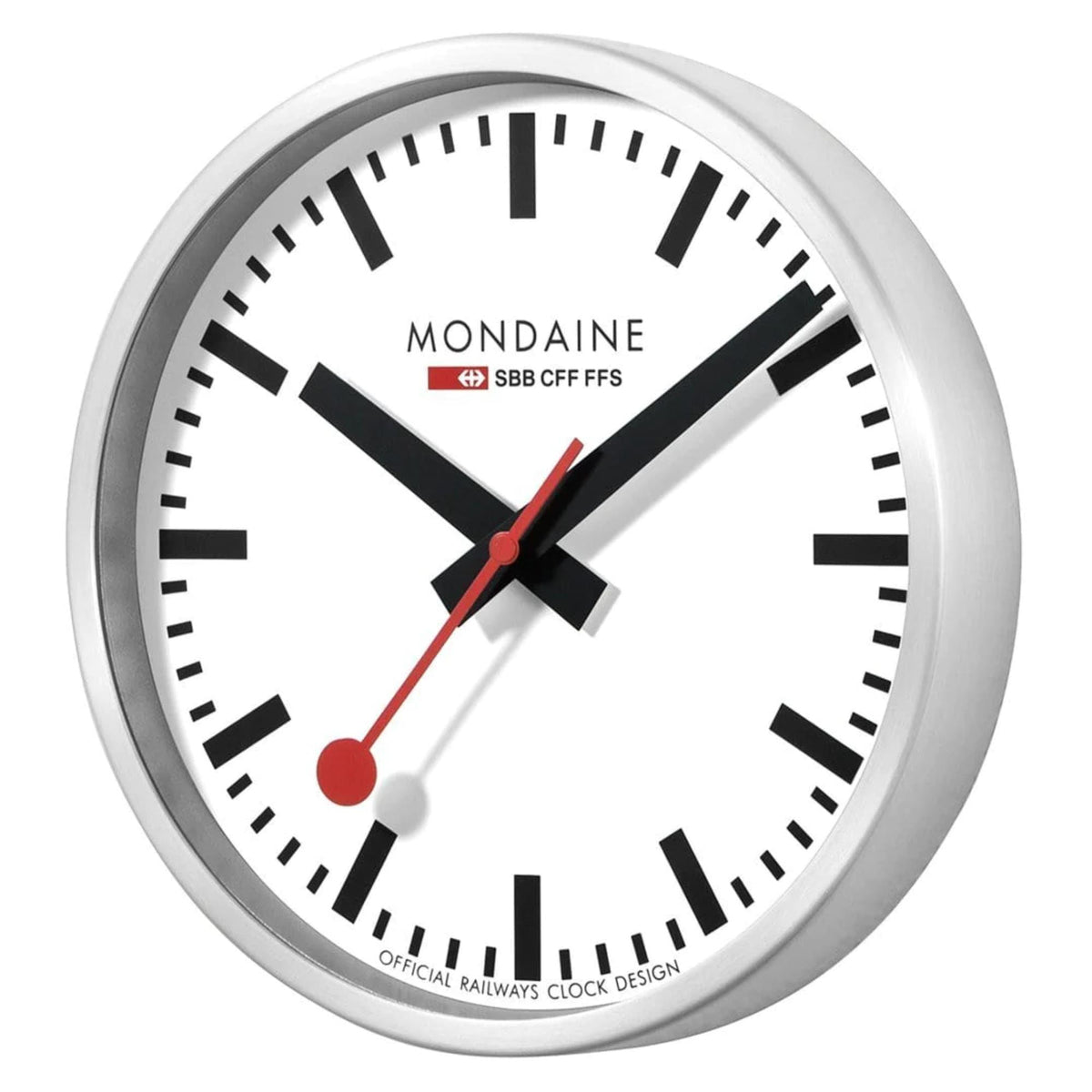 Angled view of Mondaine A995.CLOCK.16SBB clock showing a brushed silver aluminum case