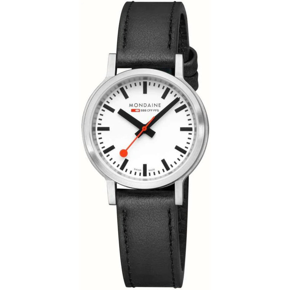 Mondaine 34mm quartz watch with black leather strap, white dial, silver-tone bezel