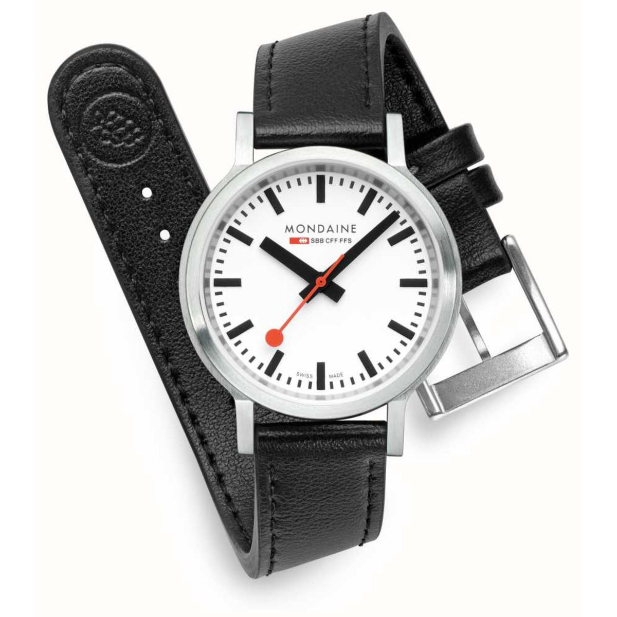 Mondaine 34mm quartz watch with black leather strap and white dial, silver-tone case