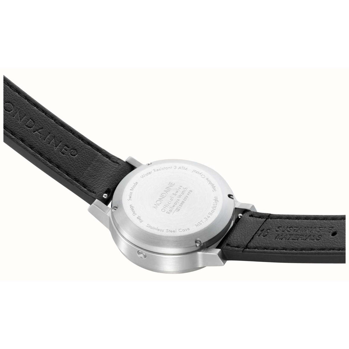 Mondaine quartz watch back with black leather strap and brushed metal case