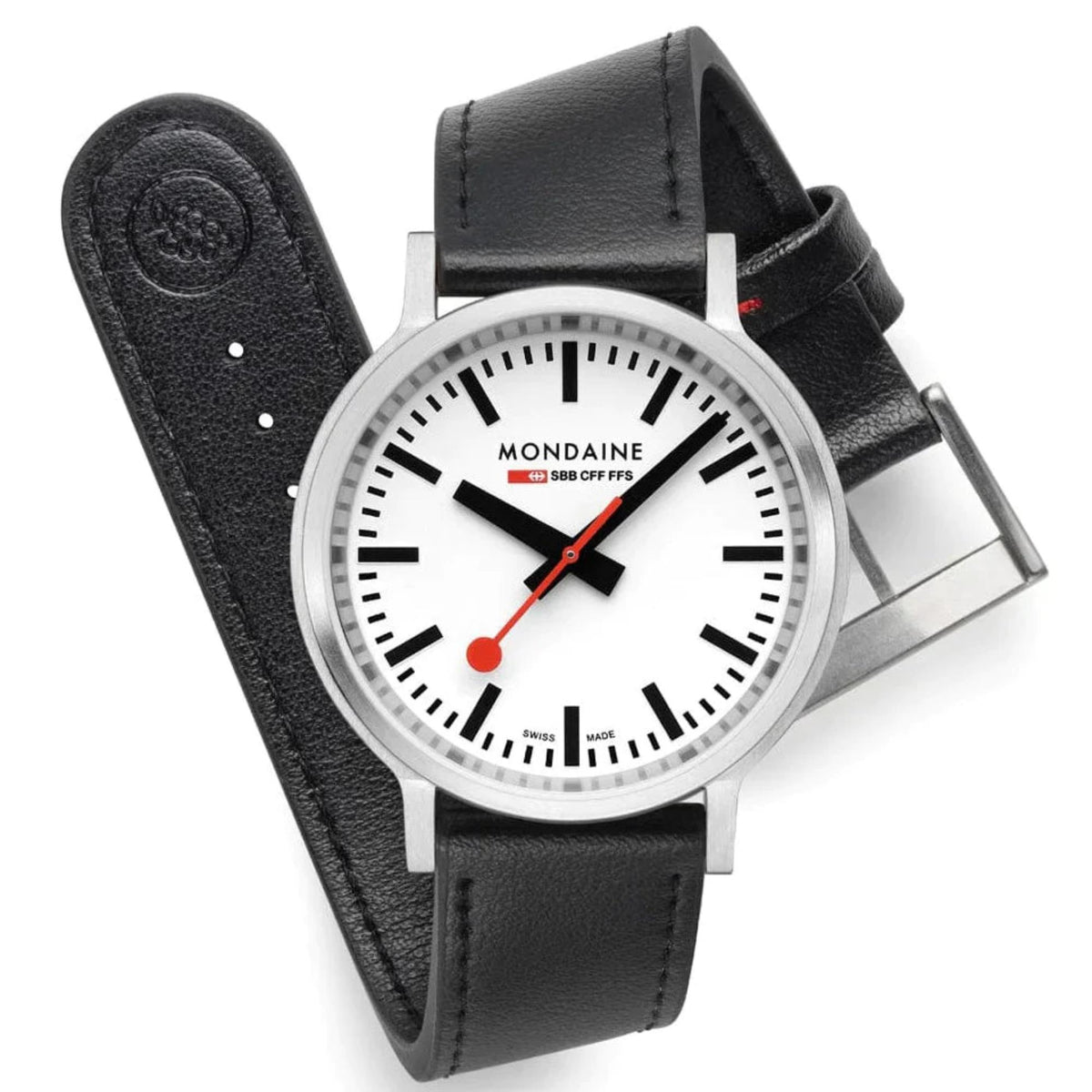 Mondaine stop2go leather quartz watch with white dial, black leather strap and buckle