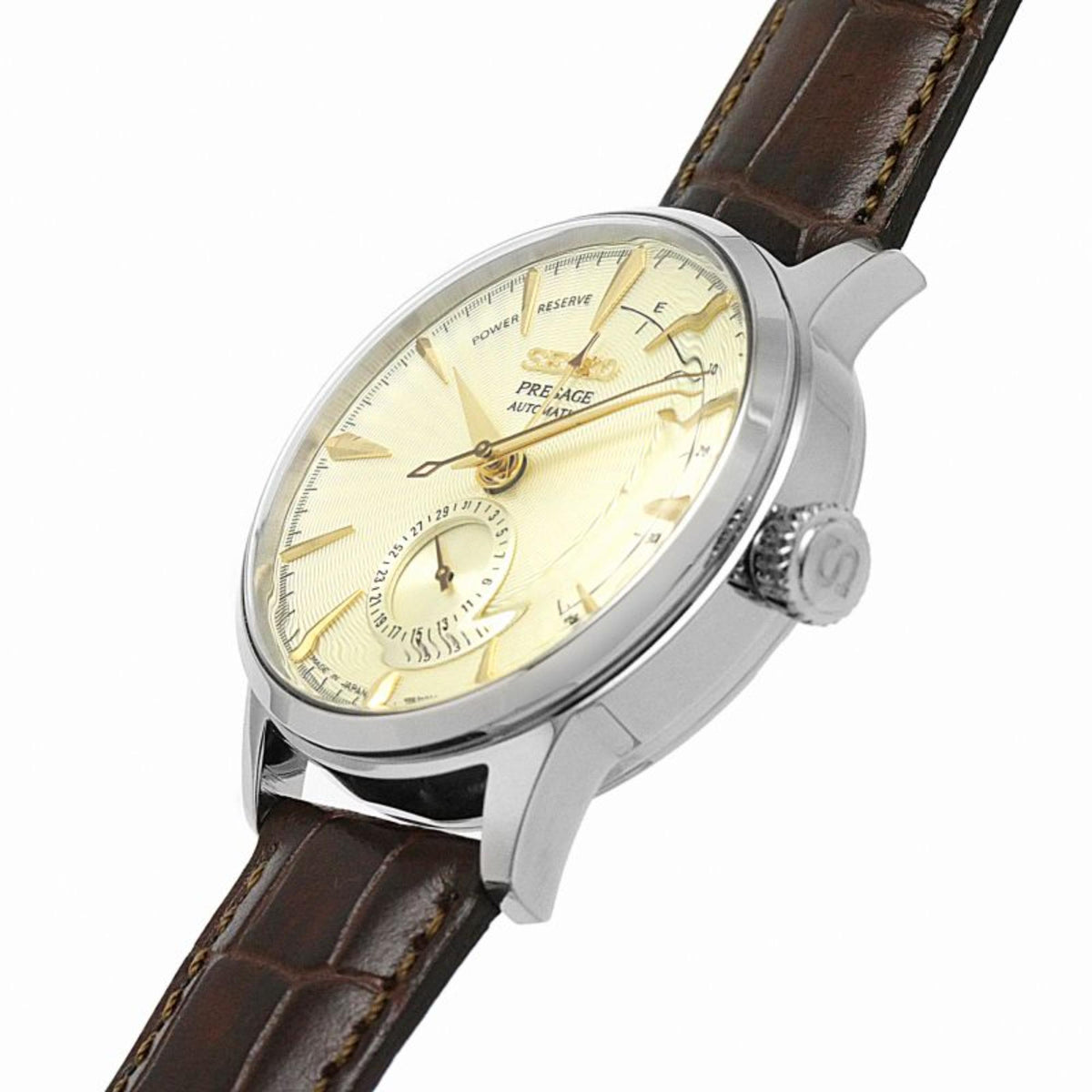 Seiko men’s automatic watch, champagne dial with subdials and brown leather strap