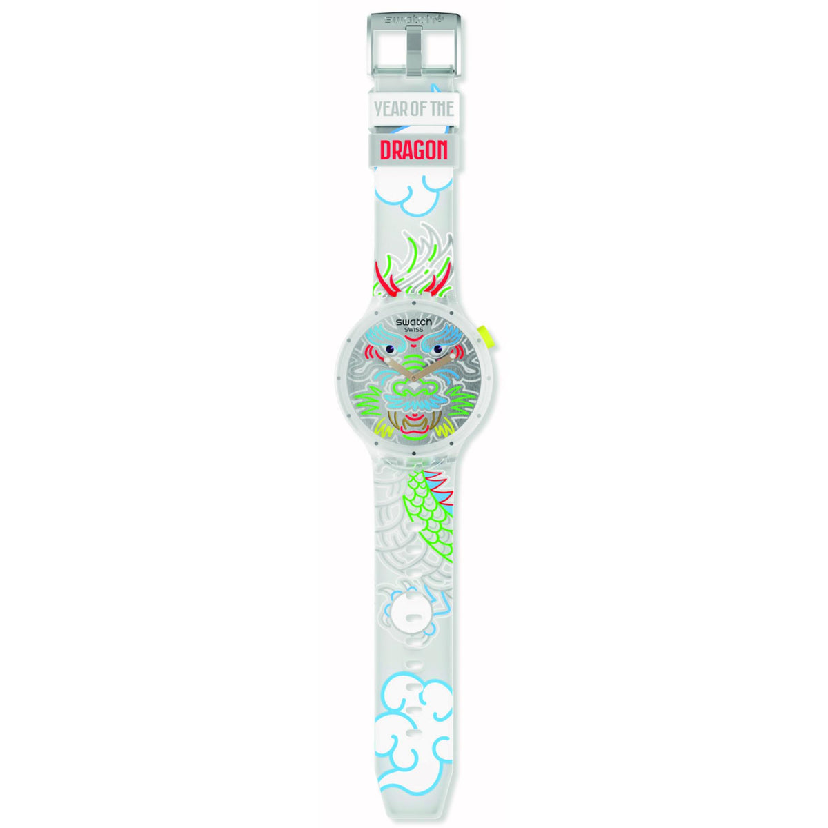 Colorful dragon graphic silicone watch with silver-toned case and clear patterned strap