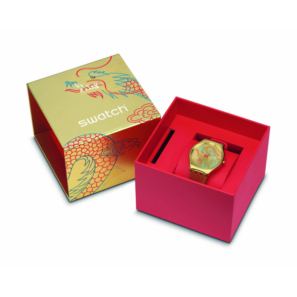 Unisex gold-tone watch in red Swatch gift box with decorative gold label