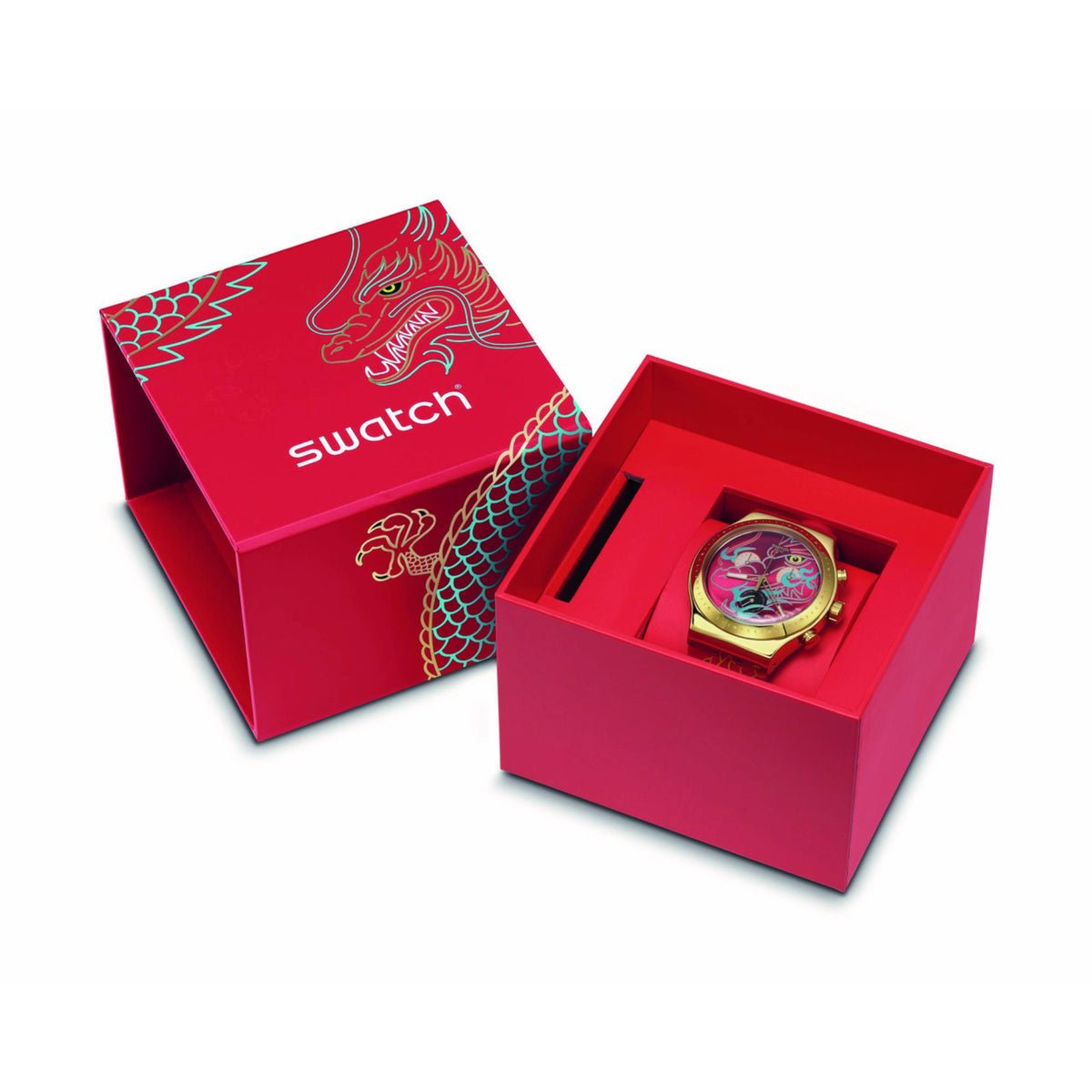 Men's quartz watch in red display box, showing gold case and colorful dragon dial