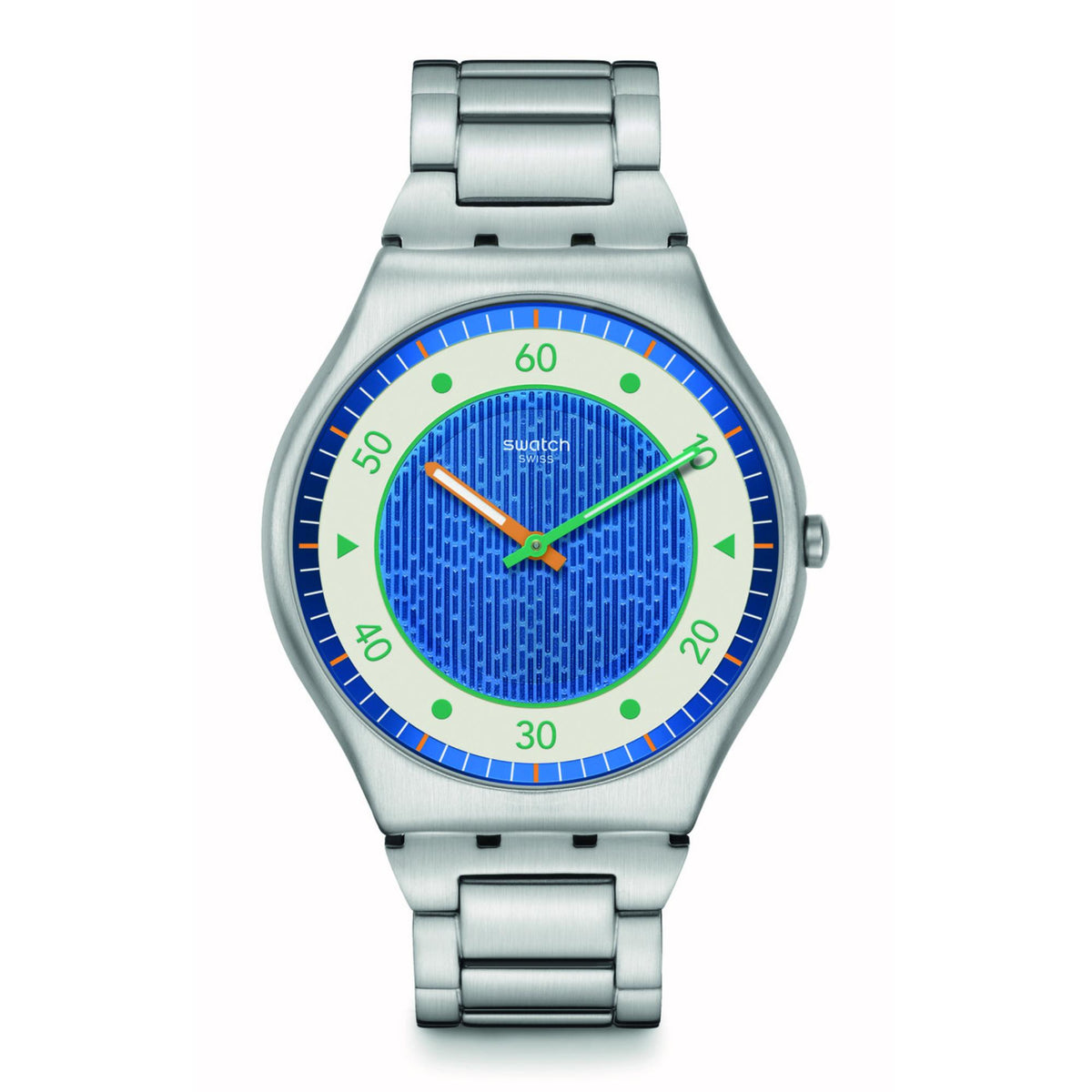 Stainless steel watch face with blue textured dial, green ring, orange hour hand