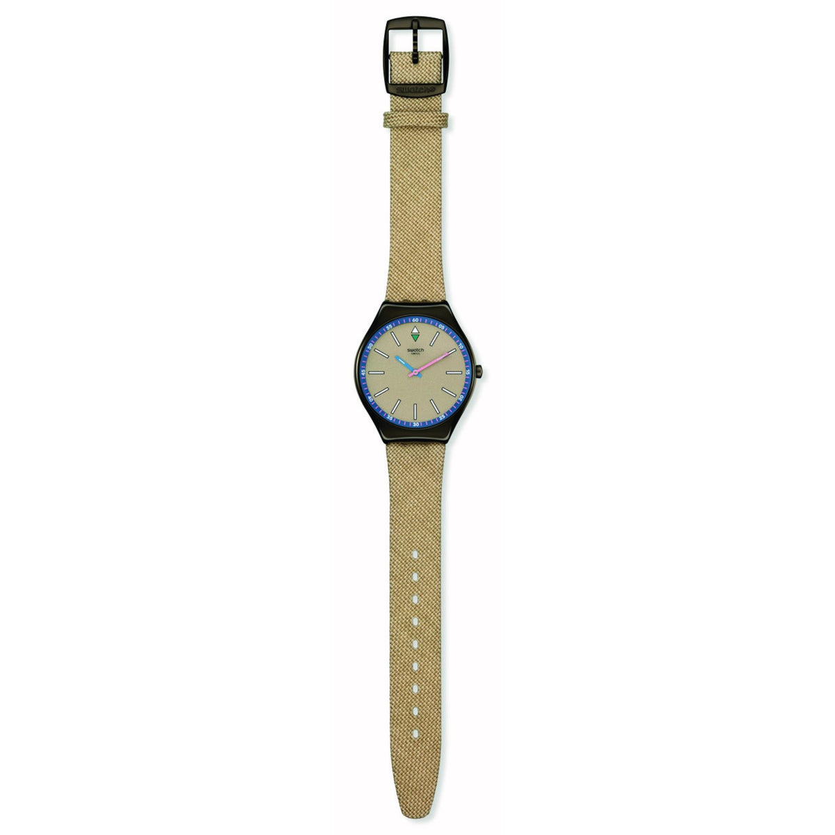 Beige textile strap quartz watch with beige dial, black bezel, blue minute track