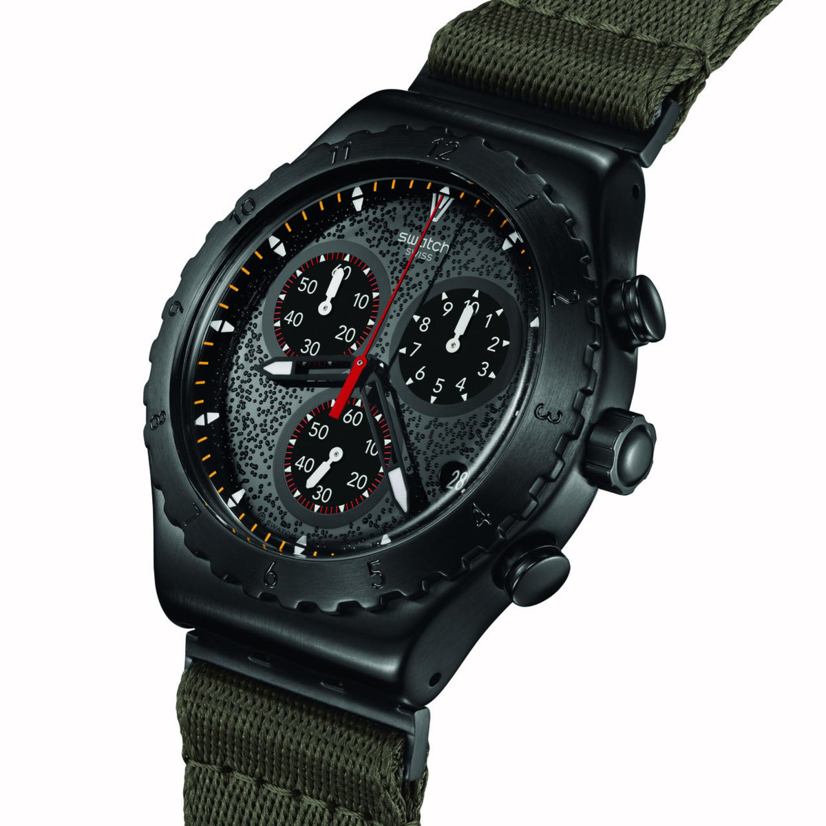 Black watch with green strap on a white background