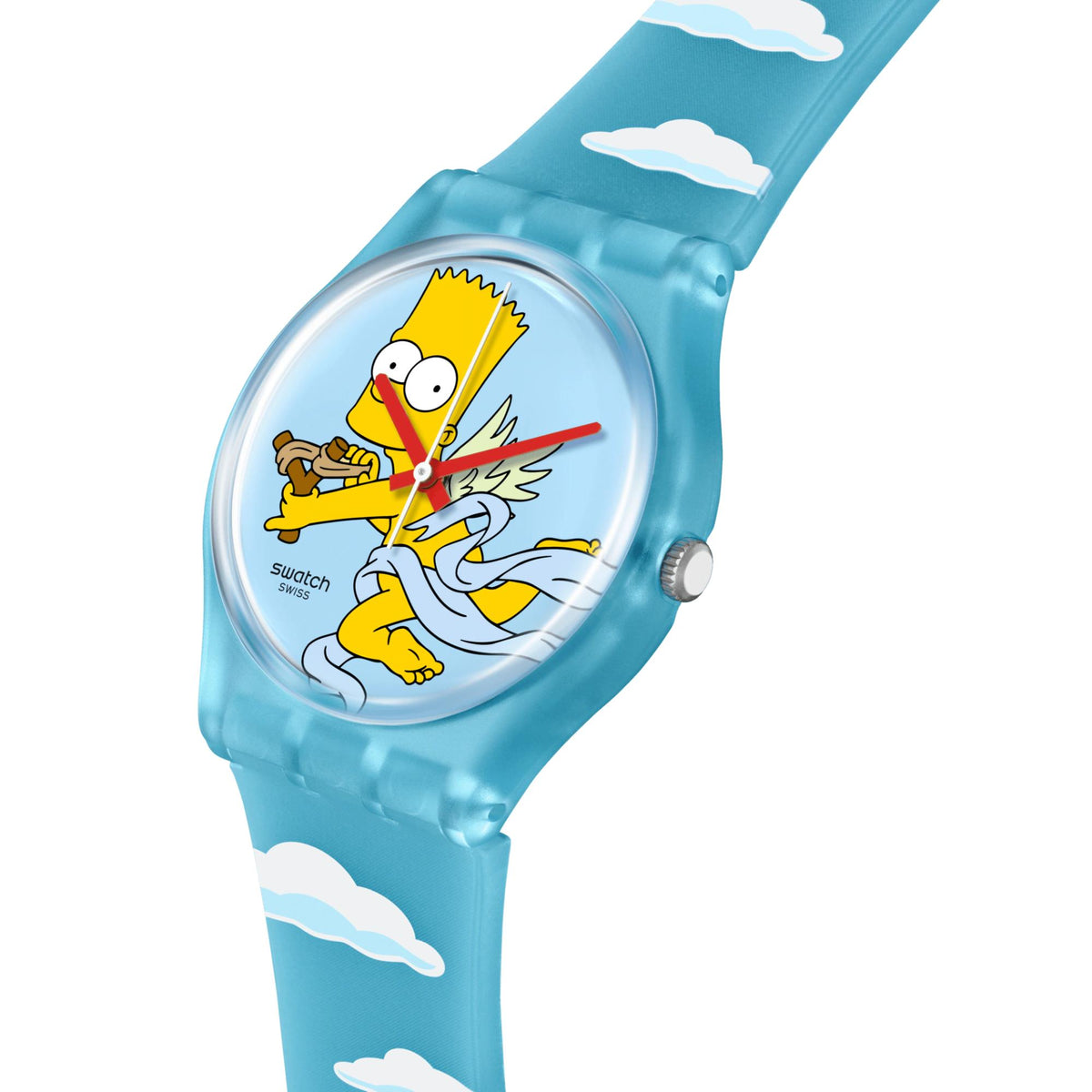 Blue silicone wristwatch close-up, round sky dial with Bart Simpson art and red hands