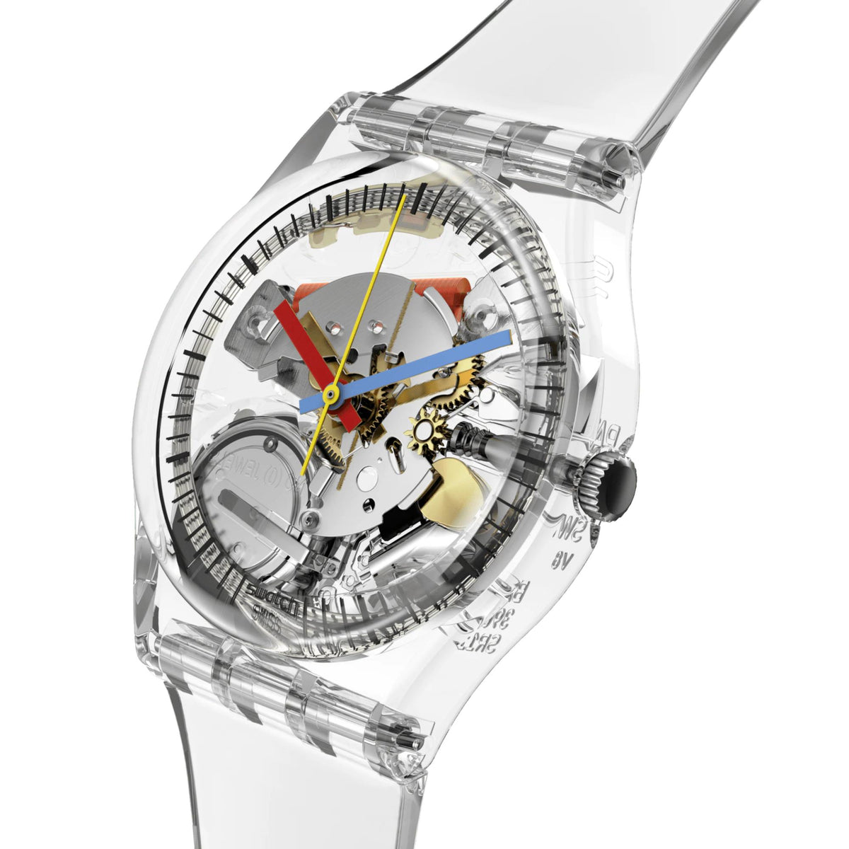 Transparent dial quartz skeleton watch close-up with clear case and multicolor hands