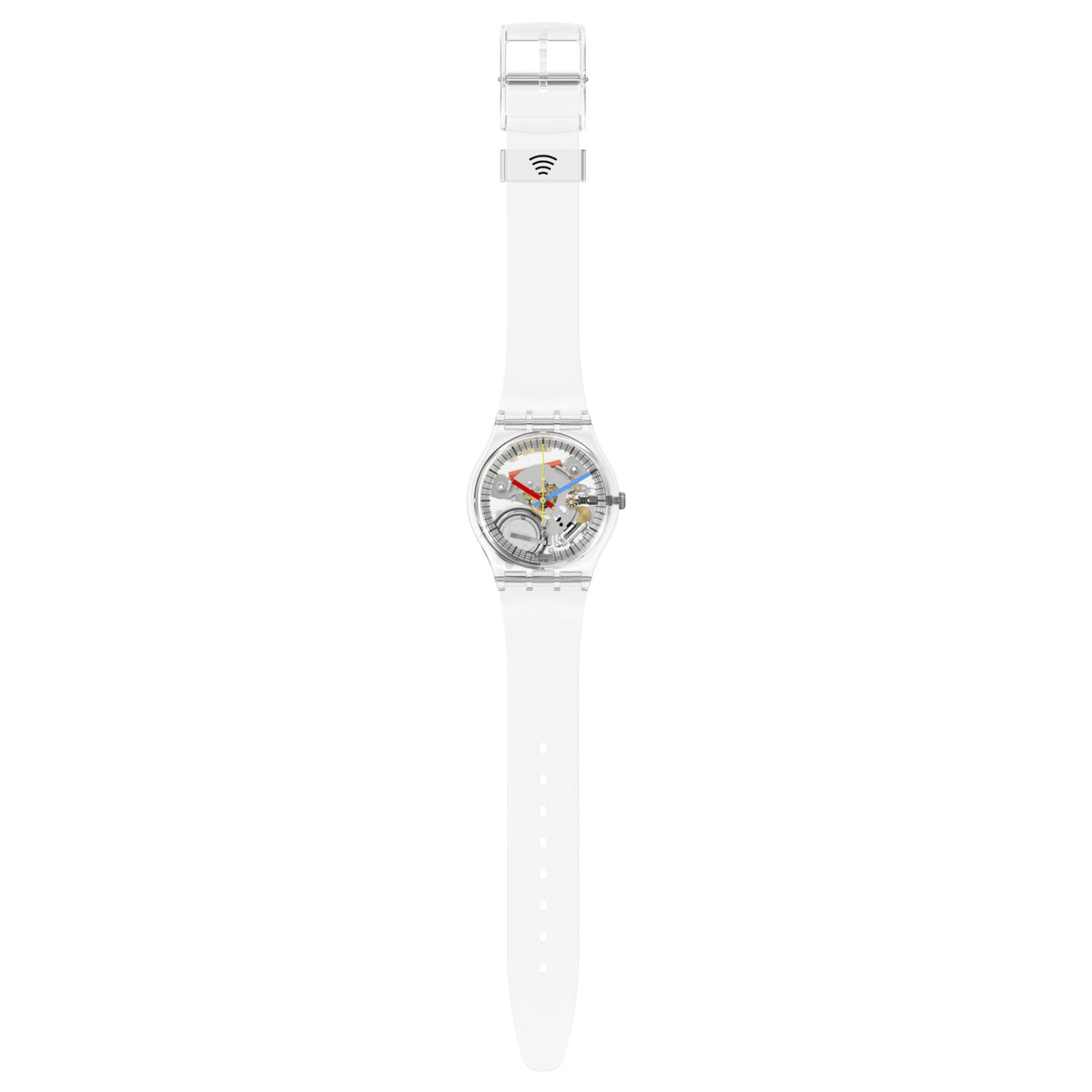 Quartz transparent dial silicone watch on white strap with multicolor hands